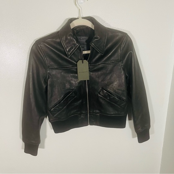 NEW All Saints Pascao Leather Bomber Jacket Black Bikercore Club Retro Outerwear - Picture 7 of 13